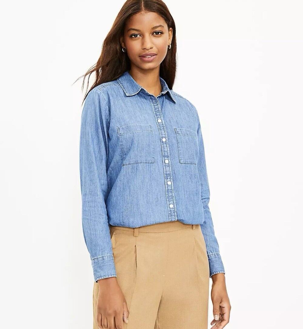 LOFT Denim Chambray Blue Long Sleeve Everyday Shirt Small NWT